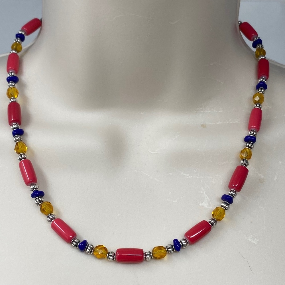 Handmade Beaded Necklace Coral Pink, Blue, and Amber Yellow Czech Glass Beads